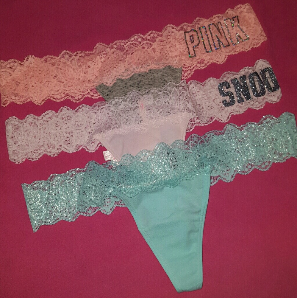 VS PINK Floral Lace Trim Thong Bundle - Medium